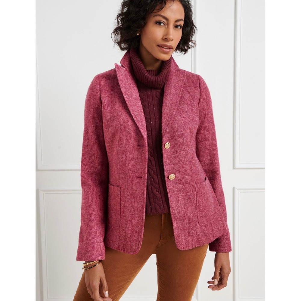 TALBOTS Petite Classic Shetland Blazer - Pink Herringbone Gold Buttons Wool | 6P
